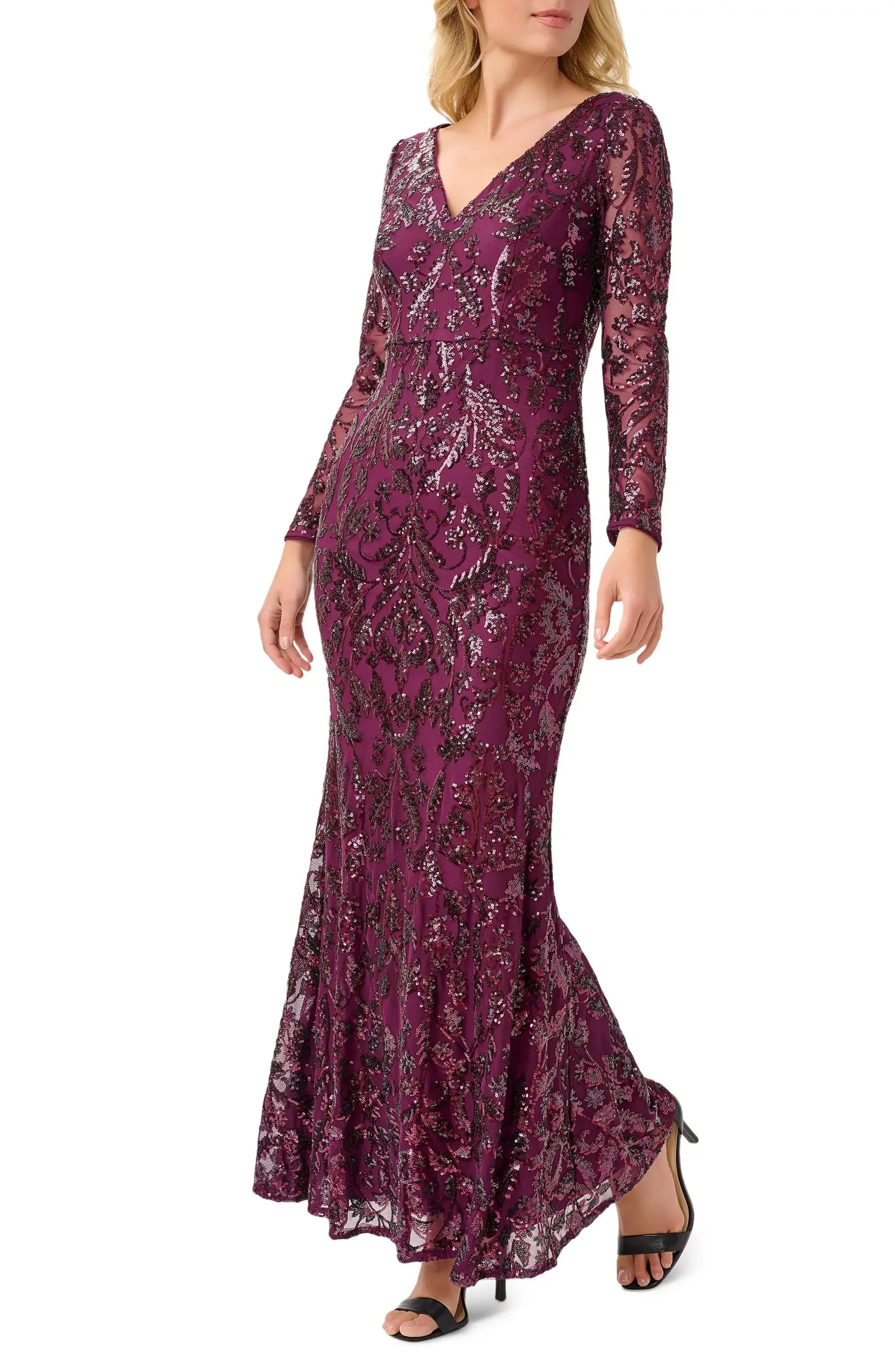 Adrianna Papell V-Neck Long Sleeve Mermaid Sequined Mesh Knit Gown