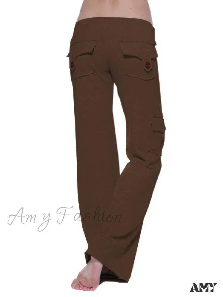 Amy Fashion - Solid Color Cargo Jogger Drawstring Elastic Waist Trousers