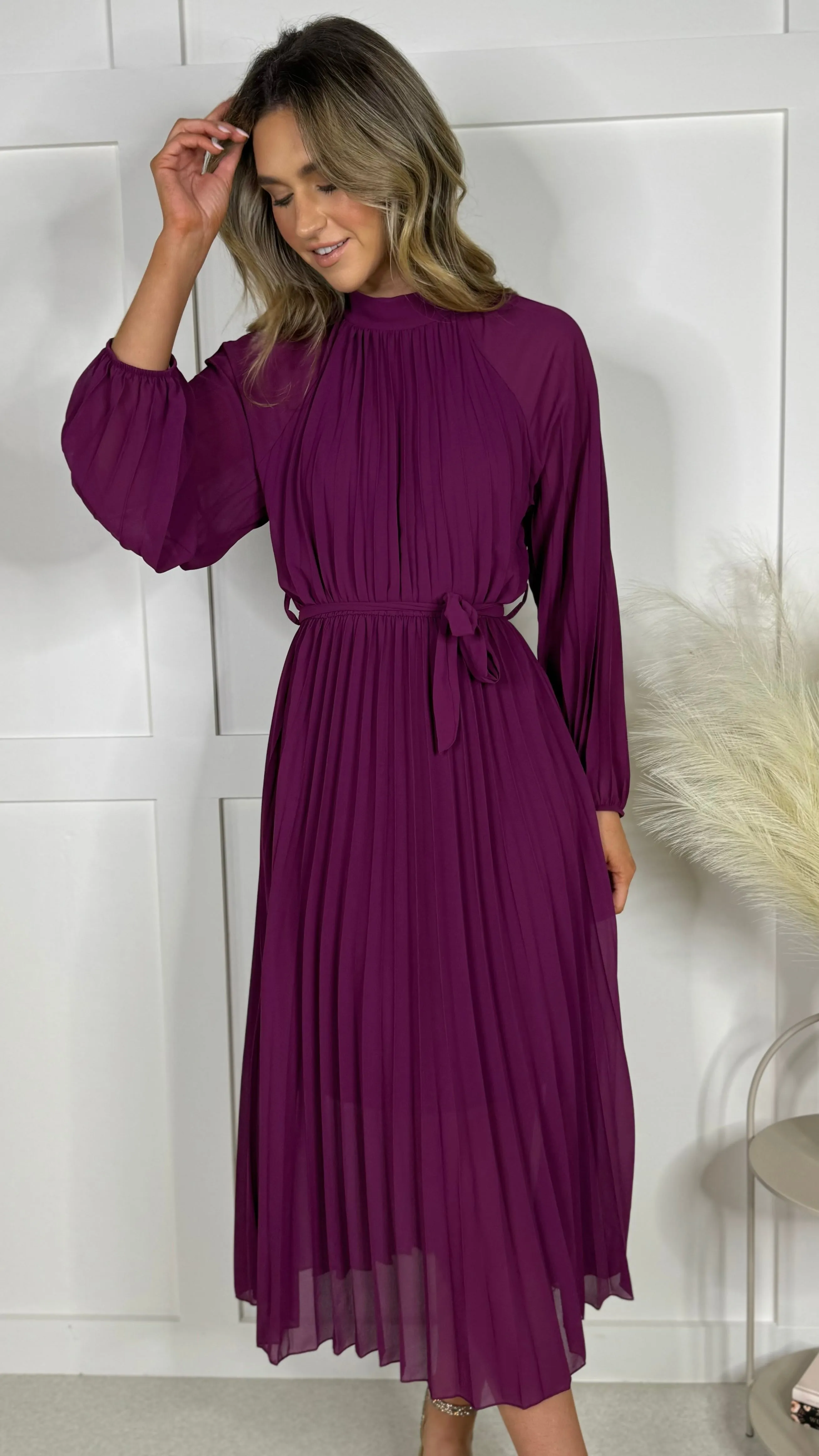 Minnie Purple High Neck Pleated Midi Dress