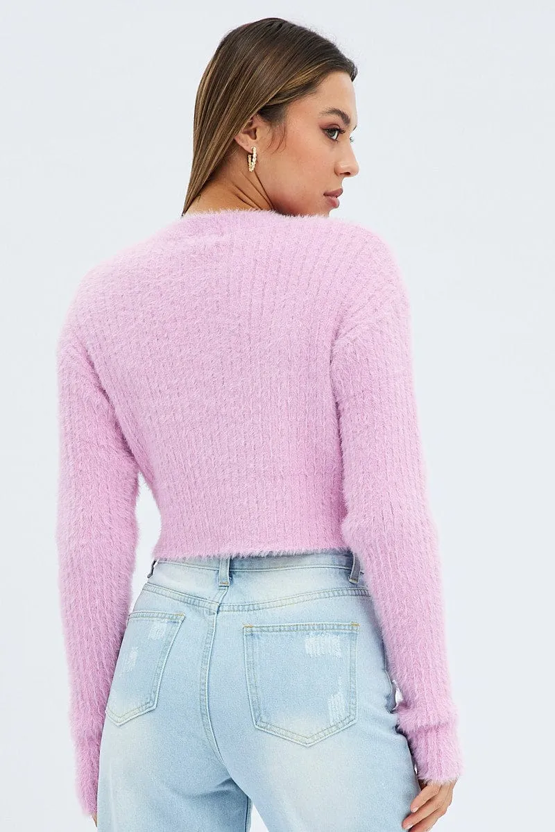 Pink Fluffy Knit Long Sleeve Crop